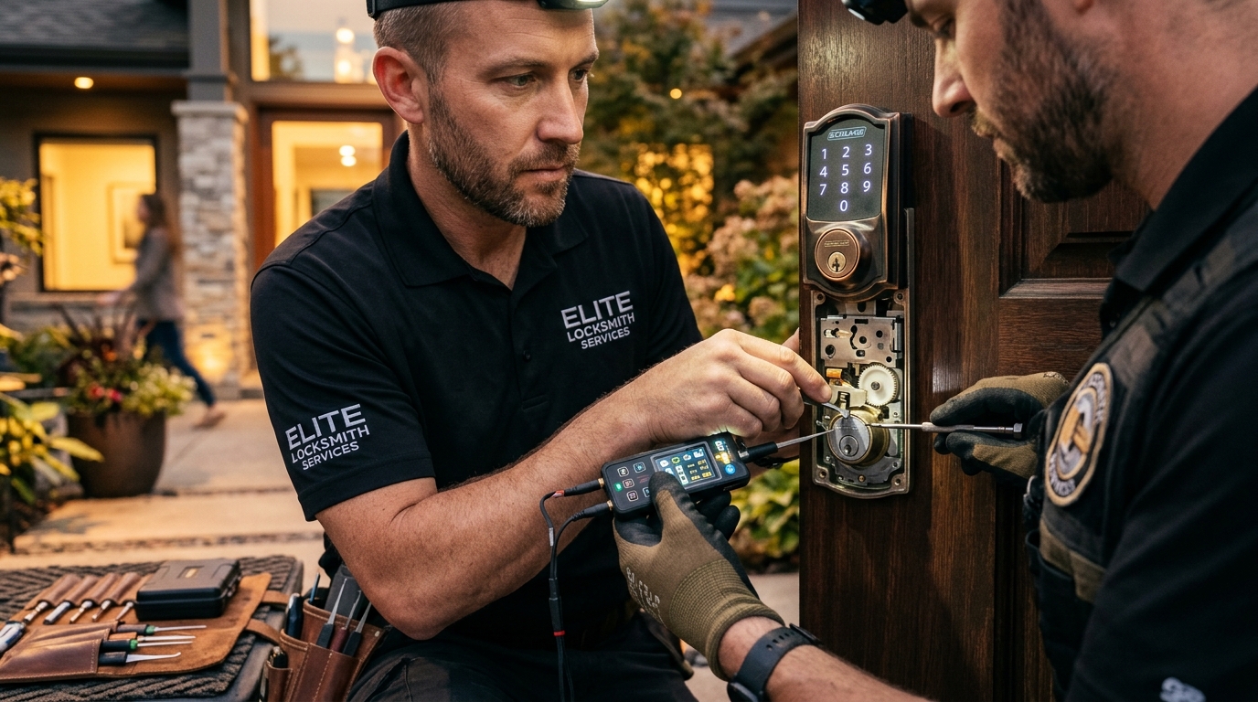 Locksmith technician repairing door lock